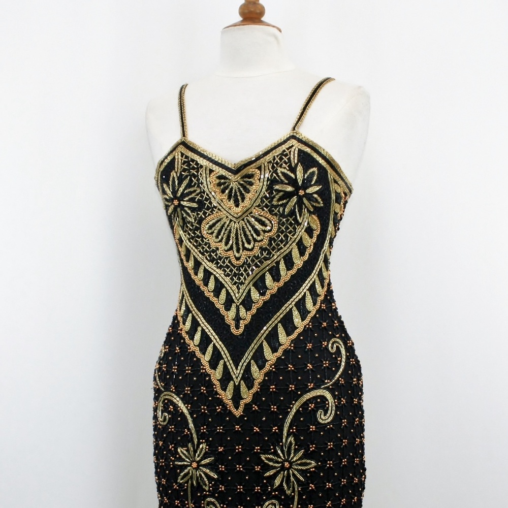 JASDEE Vintage Spaghetti Strap Dress Hand Work Beaded On Silk Style 2066M